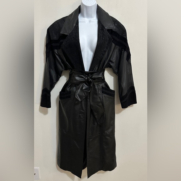 Vintage Black Contrasting Genuine Leather Trench Coat By Gitano Size S - Picture 1 of 13